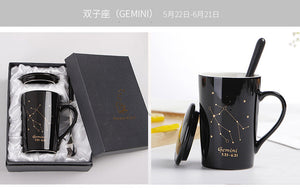 Zodiac Ceramic Mugs 12 Constellations with Spoon Lid Black and Gold Porcelain | With Gift Box