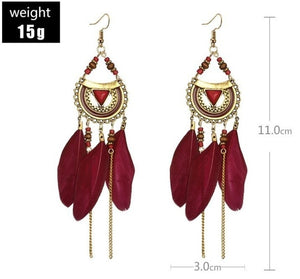 Vintage Ethnic Bohemia Feather Drop Earrings, Long Tassel Retro Hoop Alloy Earrings!