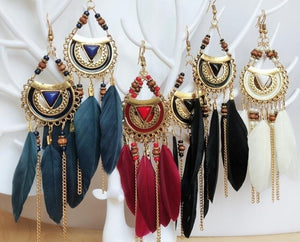 Vintage Ethnic Bohemia Feather Drop Earrings, Long Tassel Retro Hoop Alloy Earrings!