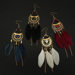 Vintage Ethnic Bohemia Feather Drop Earrings, Long Tassel Retro Hoop Alloy Earrings!