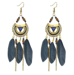 Vintage Ethnic Bohemia Feather Drop Earrings, Long Tassel Retro Hoop Alloy Earrings!