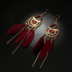 Vintage Ethnic Bohemia Feather Drop Earrings, Long Tassel Retro Hoop Alloy Earrings!