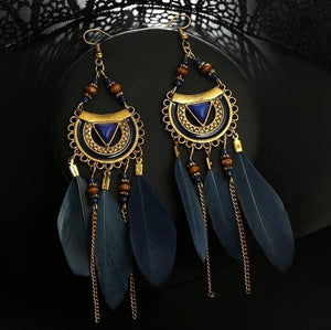 Vintage Ethnic Bohemia Feather Drop Earrings, Long Tassel Retro Hoop Alloy Earrings!