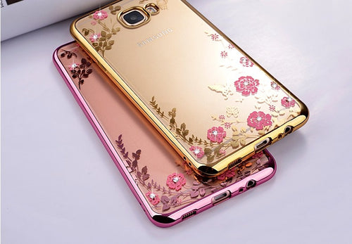 Luxury FLORAL GLITTER Bling Rhinestone PHONE CASE for Samsung Galaxy A8 2016 SM A810 A810F Soft Silicone Back Case Cover Capa Fundas