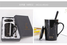 Load image into Gallery viewer, Zodiac Ceramic Mugs 12 Constellations with Spoon Lid Black and Gold Porcelain | With Gift Box