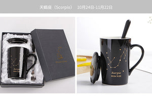 Zodiac Ceramic Mugs 12 Constellations with Spoon Lid Black and Gold Porcelain | With Gift Box