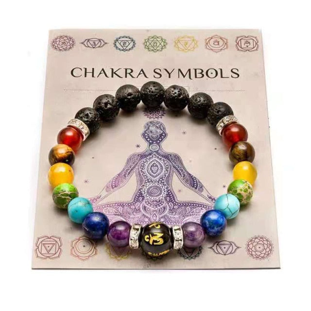 7 Chakra Bracelet with Meaning Card, for Men and Women, Natural Crystal, Great Yoga Meditation Bracelet Gift