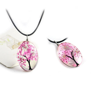 Retro Jewelry Real Dried Flower Necklace Tree of Life Shaped Leather Rope Glass Long Pendant Necklace