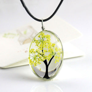 Retro Jewelry Real Dried Flower Necklace Tree of Life Shaped Leather Rope Glass Long Pendant Necklace