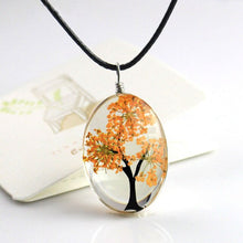 Load image into Gallery viewer, Retro Jewelry Real Dried Flower Necklace Tree of Life Shaped Leather Rope Glass Long Pendant Necklace