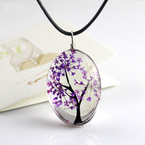 Retro Jewelry Real Dried Flower Necklace Tree of Life Shaped Leather Rope Glass Long Pendant Necklace