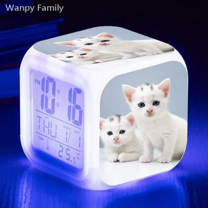 Cute Pet Cat Kitten Alarm Clock 7 Color LED Glowing Digital Alarm