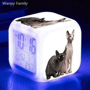 Cute Pet Cat Kitten Alarm Clock 7 Color LED Glowing Digital Alarm