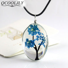 Load image into Gallery viewer, Retro Jewelry Real Dried Flower Necklace Tree of Life Shaped Leather Rope Glass Long Pendant Necklace